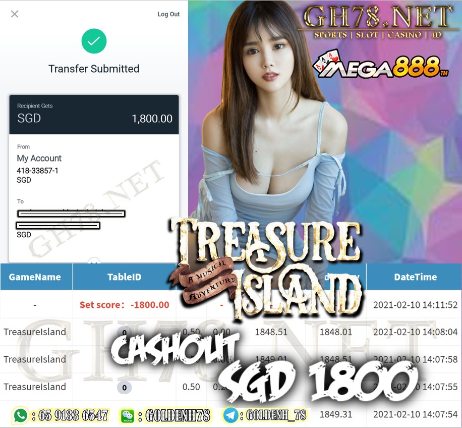 MEGA888 TREASURE ISLAND GAME CASHOUT $S1800