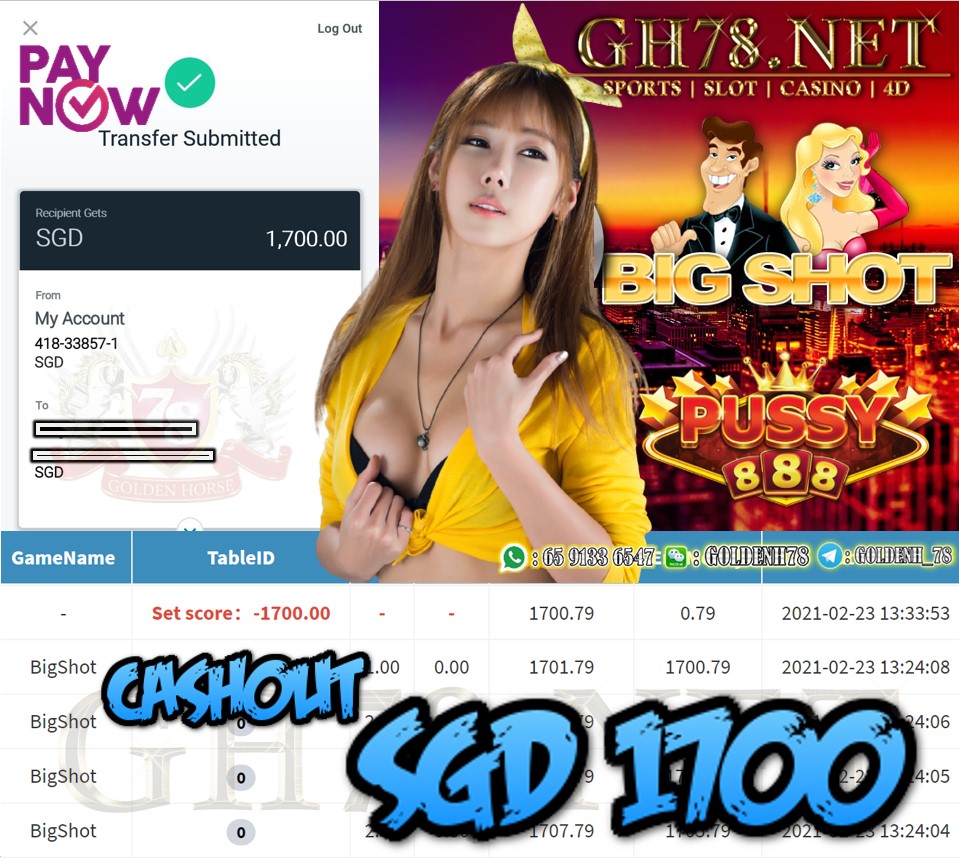 PUSSY888 BIG SHOT GAME CASHOUT $S1700