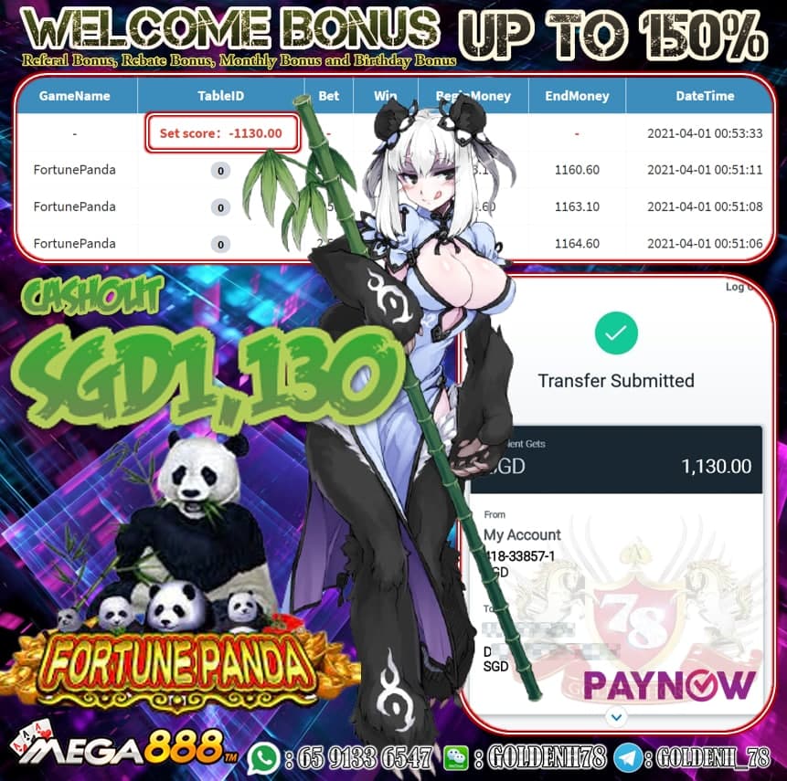 MEGA888 FORTUNE PANDA GAME CASHOUT SGD1,130