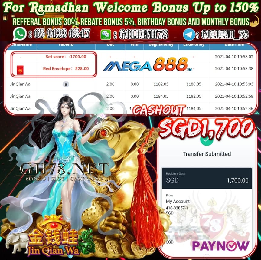 MEGA888 JIN QIAN WA CASHOUT $S1700