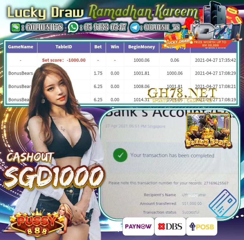 PUSSY888 BONUS BEAR GAME CASHOUT $S1000